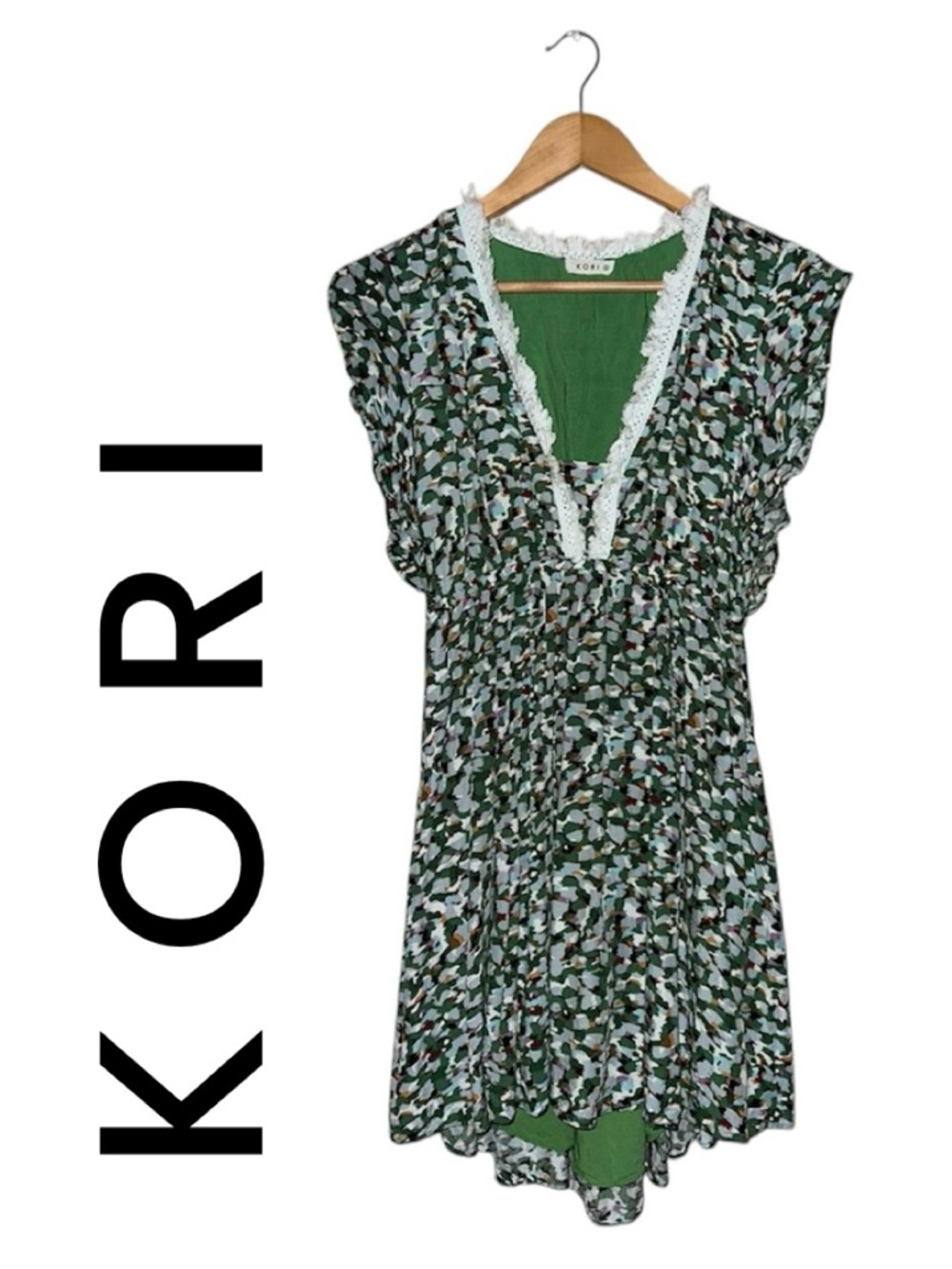 KORI Green Multi Color V-Neck Hi-Li Dress Lined Fringe Lace Flutter Boho Wmn S